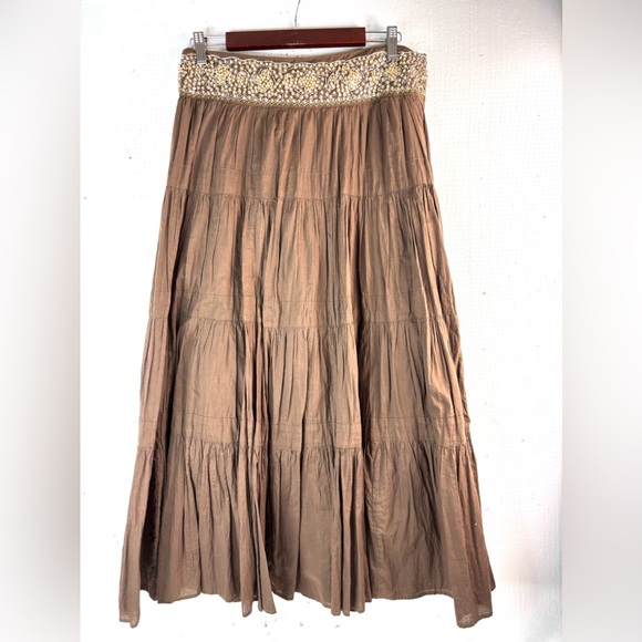 BCBGMaxAzria Dresses & Skirts - BCBGMaxAzria S Cotton Tiered Brown Embellished Beaded Waist Midi Skirt